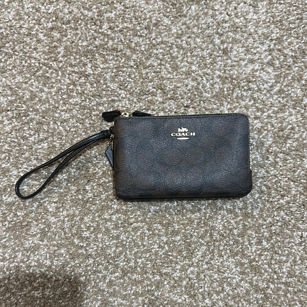 Coach Dark Brown Wristlet with Gold Details